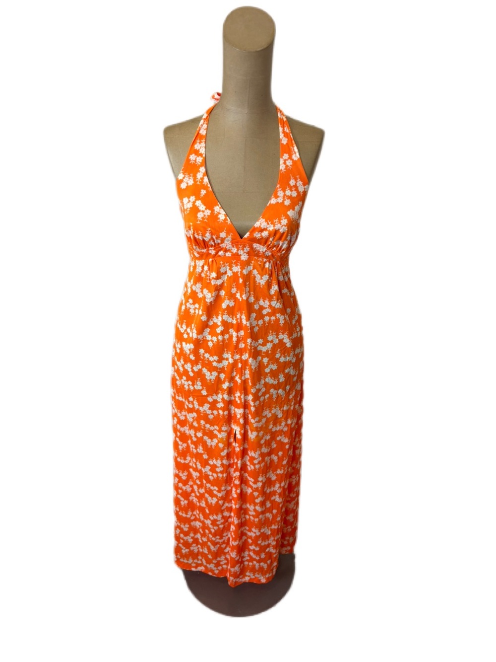 Vintage 1970s The Now Generation Orange & White Floral Halter Dress Size 9